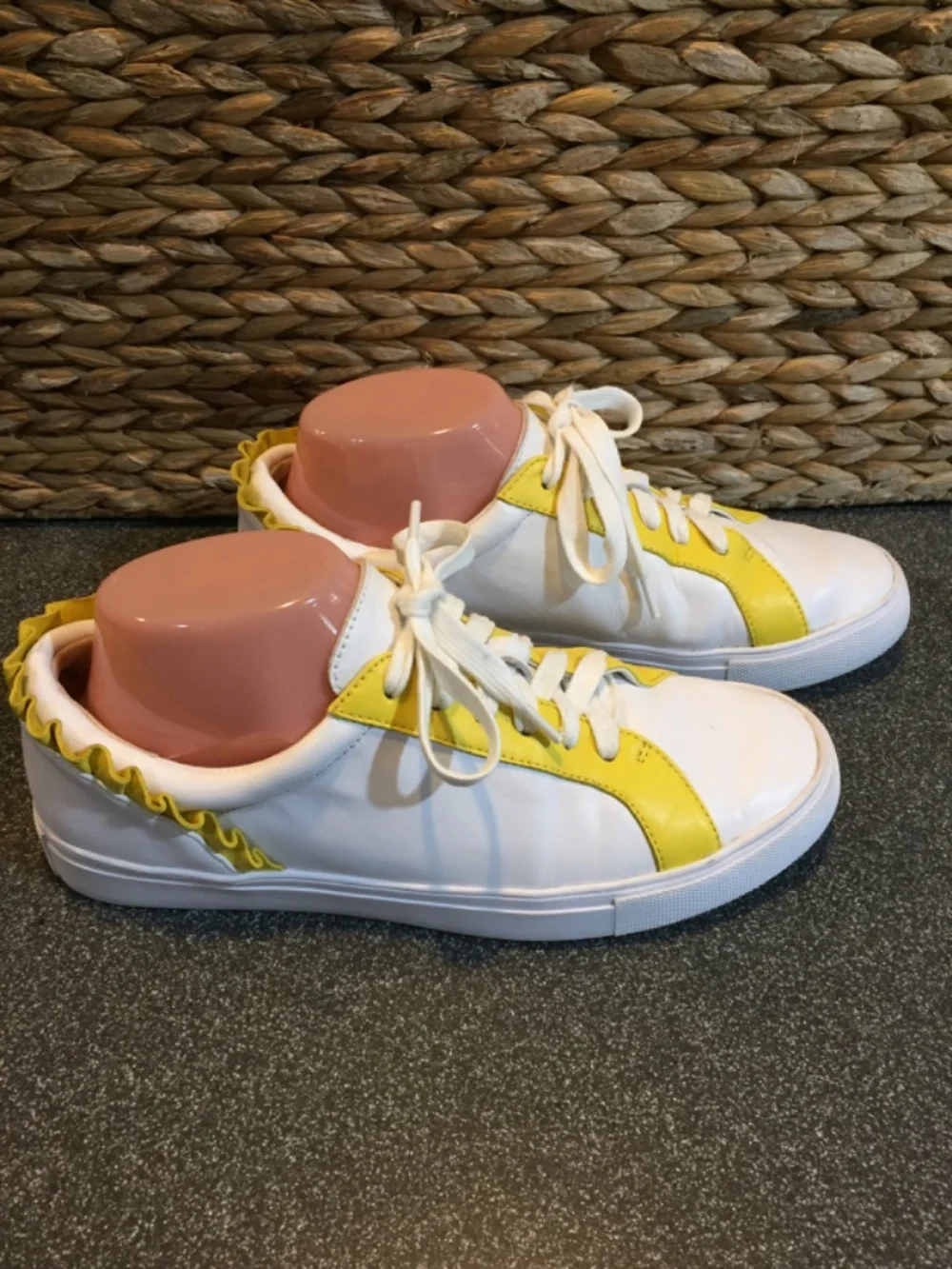 Talbots White and Yellow Leather Ruffle-Back Sneakers